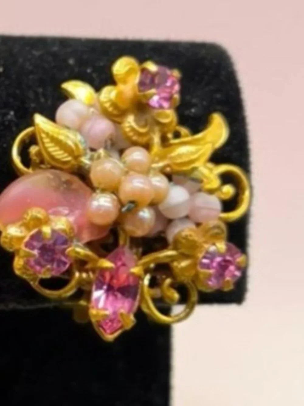 Vintage Signed Robert Pink Flower Cluster Clip-On Earrings Mid-Century 1950s - Picture 11 of 12